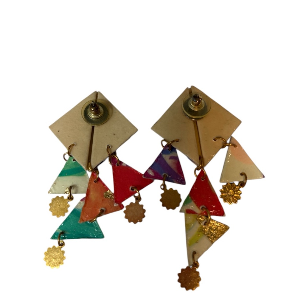 Multicolor Geometric Drop Earrings with Gold Accents - Picture 3 of 4